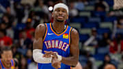 Nov 17, 2025; New Orleans, Louisiana, USA;  Oklahoma City Thunder guard Shai Gilgeous-Alexander (2) reacts after a play against the New Orleans Pelicans during the second half at Smoothie King Center. Mandatory Credit: Stephen Lew-Imagn Images