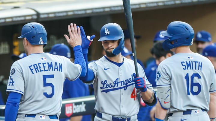 Dodgers first baseman Freddie Freeman (5) celebrates with Los Angeles Dodgers left fielder Andy Pages (44) after scoring a run during the first inning against the San Diego Padres at Petco Park on June 9, 2025. Dodgers first baseman Freddie Freeman (5) celebrates with Los Angeles Dodgers left fielder Andy Pages (44) after scoring a run during the first inning against the San Diego Padres at Petco Park on June 9, 2025.