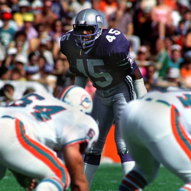 Seattle Seahawks safety (45) Kenny Easley in action against the Miami Dolphins.