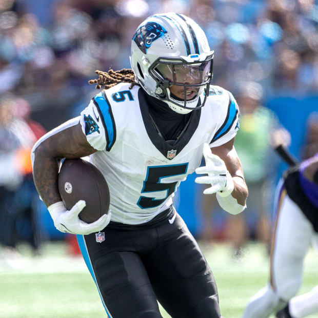 Carolina Panthers wide receiver Laviska Shenault Jr. (5) with the ball in the third quarter.