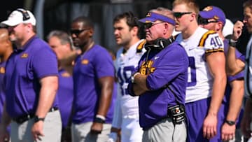 Oct 18, 2025; Nashville, Tennessee, USA;  Louisiana State Tigers head coach Brian Kelly watches against the Vanderbilt Commodores during the first half at FirstBank Stadium. Mandatory Credit: Steve Roberts-Imagn Images