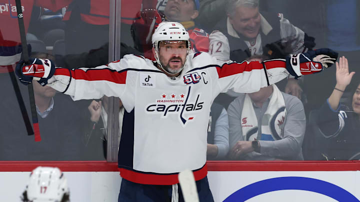 Washington Capitals left wing Alex Ovechkin celebrates his goal against the Winnipeg Jets. Washington Capitals left wing Alex Ovechkin celebrates his goal against the Winnipeg Jets.