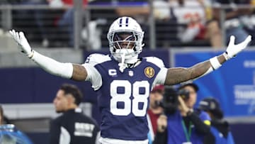 Nov 27, 2025; Arlington, Texas, USA; Dallas Cowboys wide receiver CeeDee Lamb (88) celebrates after a play against the Kansas City Chiefs during the third quarter at AT&T Stadium.