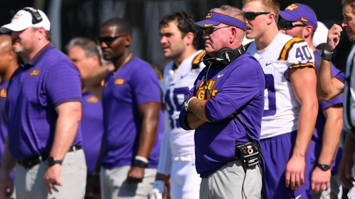 Oct 18, 2025; Nashville, Tennessee, USA;  Louisiana State Tigers head coach Brian Kelly watches against the Vanderbilt Commodores during the first half at FirstBank Stadium. Mandatory Credit: Steve Roberts-Imagn Images