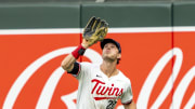 Jul 23, 2024; Minneapolis, Minnesota, USA; Minnesota Twins right fielder Max Kepler (26) catches a fly ball against the Philadelphia Phillies in the fourth inning at Target Field. Mandatory Credit: Jesse Johnson-USA TODAY Sports