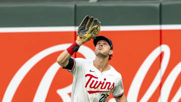 Jul 23, 2024; Minneapolis, Minnesota, USA; Minnesota Twins right fielder Max Kepler (26) catches a fly ball against the Philadelphia Phillies in the fourth inning at Target Field. Mandatory Credit: Jesse Johnson-USA TODAY Sports