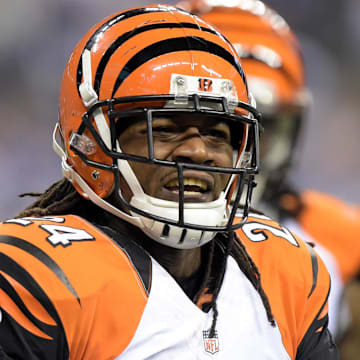 Jan 4, 2015; Indianapolis, IN, USA; Cincinnati Bengals cornerback Pacman Jones (Adam Jones) reacts during the 2014 AFC Wild Card playoff football game against the Indianapolis Colts at Lucas Oil Stadium. Mandatory Credit: Kirby Lee-Imagn Images