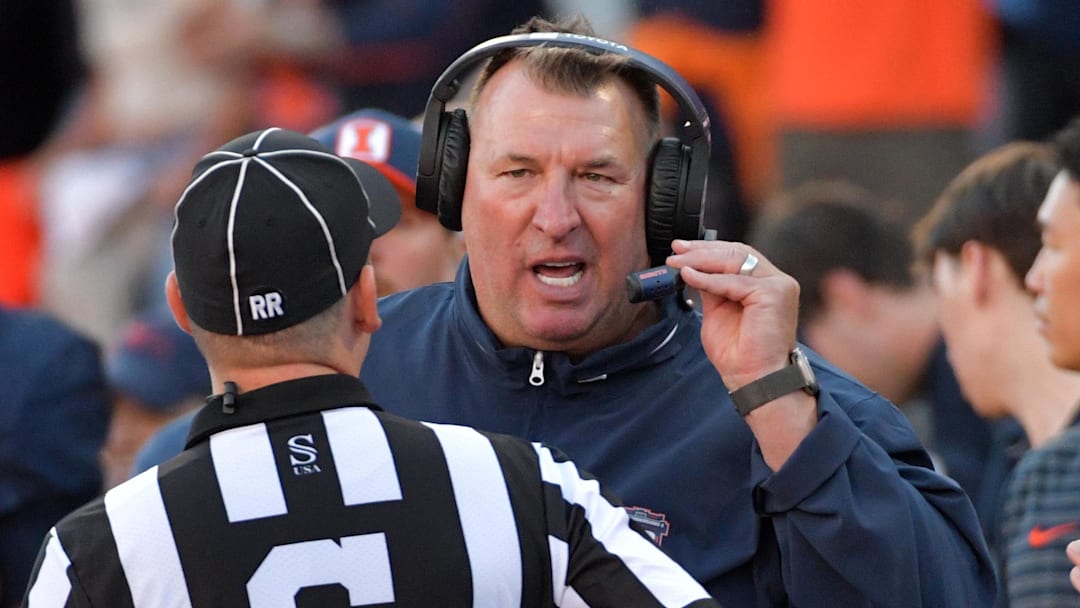 Oct 19, 2024; Champaign, Illinois, USA;  Illinois Fighting Illini head coach Bret Bielema during the first half against the Michigan Wolverines at Memorial Stadium. Mandatory Credit: Ron Johnson-Imagn Images