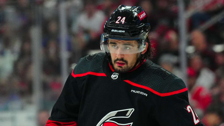 May 9, 2024; Raleigh, North Carolina, USA; Carolina Hurricanes center Seth Jarvis (24) looks on against the New York Rangers during the first period in game three of the second round of the 2024 Stanley Cup Playoffs at PNC Arena. Mandatory Credit: James Guillory-USA TODAY Sports