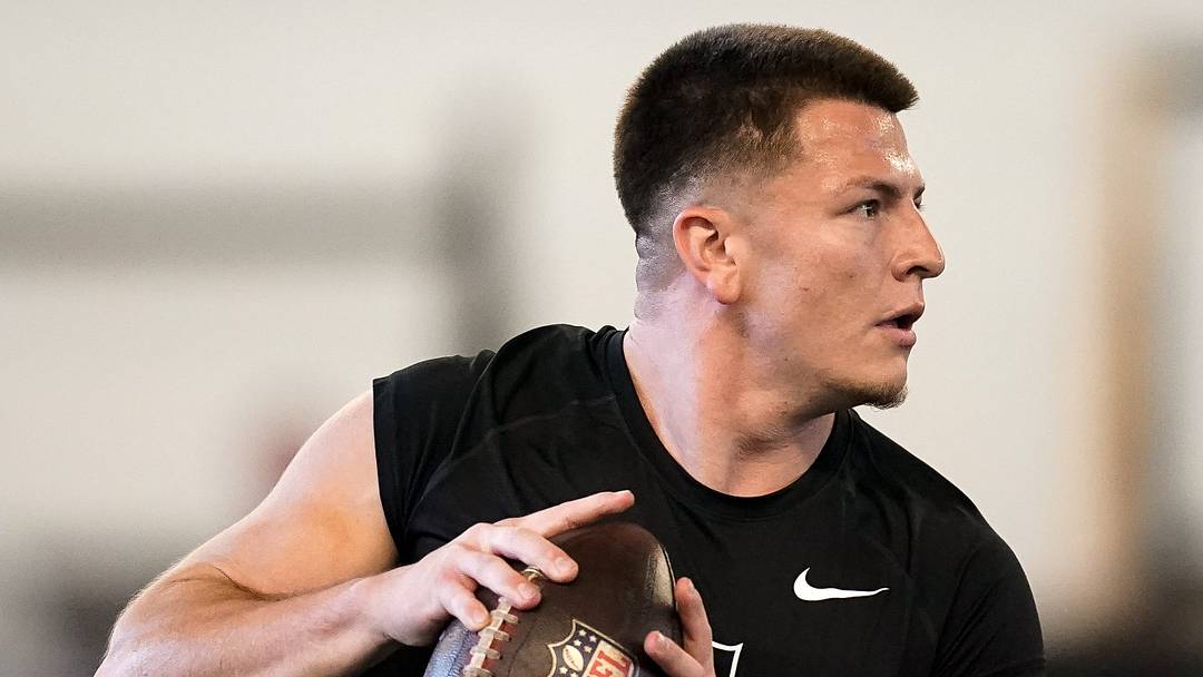 Vanderbilt quarterback Diego Pavia gets into passing position during football pro day at Vanderbilt University in Nashville, Tenn., Friday, March 20, 2026. Vanderbilt quarterback Diego Pavia gets into passing position during football pro day at Vanderbilt University in Nashville, Tenn., Friday, March 20, 2026.