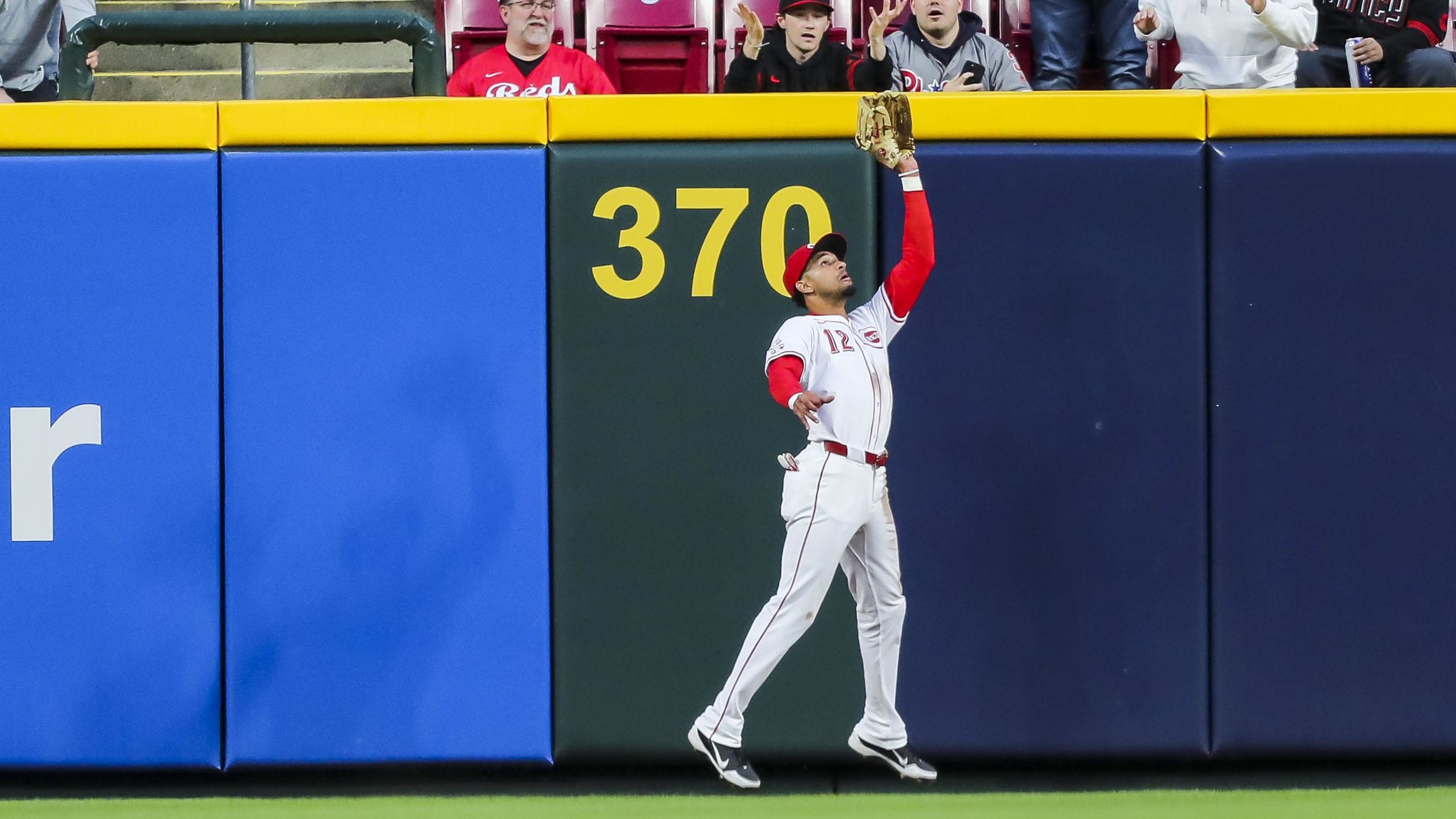 Apr 22, 2024; Cincinnati, Ohio, USA; Cincinnati Reds outfielder Bubba Thompson (12) catches a pop up.