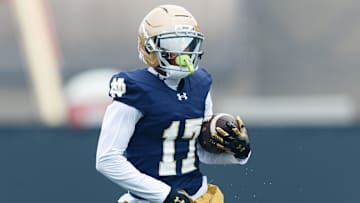 Notre Dame wide receiver Elijah Burress runs with the ball during a football practice at Irish Athletic Center on Thursday, July 31, 2025, in South Bend.