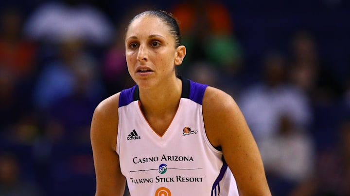 Sep 9, 2014; Phoenix, AZ, USA; Phoenix Mercury guard Diana Taurasi (3) against the Chicago Sky during game two of the WNBA Finals at US Airways Center. The Mercury defeated the Sky 97-68. Mandatory Credit: Mark J. Rebilas-Imagn Images