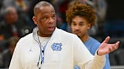 Mar 20, 2025; Milwaukee, WI, USA; North Carolina Tar Heels head coach Hubert Davis watches team workout during NCAA Tournament First Round Practice at Fiserv Forum. Mandatory Credit: Benny Sieu-Imagn Images