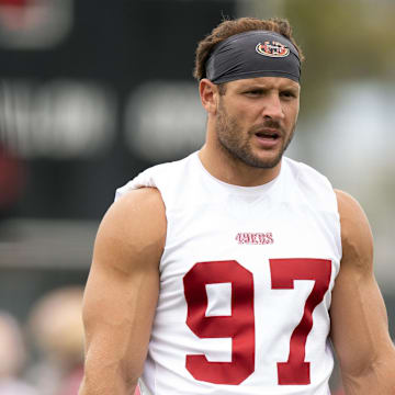 Jul 24, 2025; Santa Clara, CA, USA; San Francisco 49ers defensive end Nick Bosa (97) awaits his turn during pass rushing drills during the second day of training camp. Mandatory Credit: D. Ross Cameron-Imagn Images