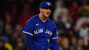 Apr 9, 2025; Boston, Massachusetts, USA; Toronto Blue Jays pitcher Jeff Hoffman (23) reacts after ending the tenth  inning with a strike out against the Boston Red Sox at Fenway Park. Mandatory Credit: David Butler II-Imagn Images