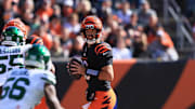 Oct 26, 2025; Cincinnati, Ohio, USA; Cincinnati Bengals quarterback Joe Flacco (16) looks to pass the ball during the game against the New York Jets during the first quarter at Paycor Stadium. Mandatory Credit: Katie Stratman-Imagn Images