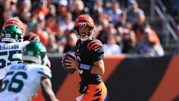 Oct 26, 2025; Cincinnati, Ohio, USA; Cincinnati Bengals quarterback Joe Flacco (16) looks to pass the ball during the game against the New York Jets during the first quarter at Paycor Stadium. Mandatory Credit: Katie Stratman-Imagn Images
