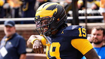 Michigan quarterback Bryce Underwood (19) celebrates a touchdown against Central Michigan during the second half at Michigan Stadium in Ann Arbor on Saturday, Sept. 13, 2025.