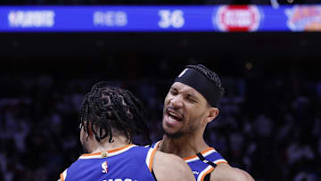 May 1, 2025; Detroit, Michigan, USA; New York Knicks guard Jalen Brunson (11) and guard Josh Hart (3) celebrate after defeating the Detroit Pistons during game six of first round for the 2024 NBA Playoffs at Little Caesars Arena. Mandatory Credit: Rick Osentoski-Imagn Images