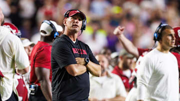 Nov 9, 2024; Baton Rouge, Louisiana, USA;  Alabama Crimson Tide head coach Kalen DeBoer looks on against the LSU Tigers during the second half at Tiger Stadium. Mandatory Credit: Stephen Lew-Imagn Images