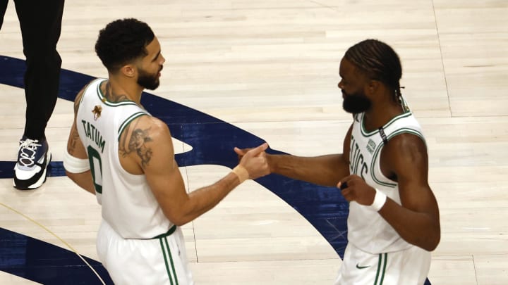 Jun 12, 2024; Dallas, Texas, USA; Boston Celtics forward Jayson Tatum (0) and guard Jaylen Brown (7) celebrate after defeating the Dallas Mavericks in game three of the 2024 NBA Finals at American Airlines Center. Mandatory Credit: Peter Casey-USA TODAY Sports