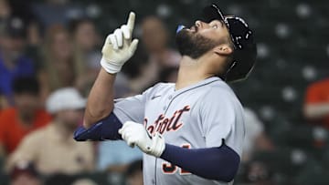 Apr 28, 2025; Houston, Texas, USA; Detroit Tigers right fielder Riley Greene (31) looks up after hitting a home run during the fourth inning against the Houston Astros at Daikin Park