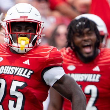 Louisville Cardinals running back Isaac Brown (25) scores a 77 yard rush touchdown during their game against the Austin Peay Governors on Saturday, Aug. 31, 2024 at L&N Federal Credit Union Stadium in Louisville, Ky.