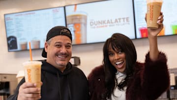 Boston Rob and Ciara enjoy a Dunkalatte