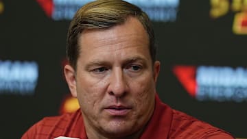 Iowa State Cyclones men's basketball head coach T.J. Otzelberger talks during the university men’s basketball media day at Hilton Coliseum on October. 8, 2025, in Ames, Iowa.