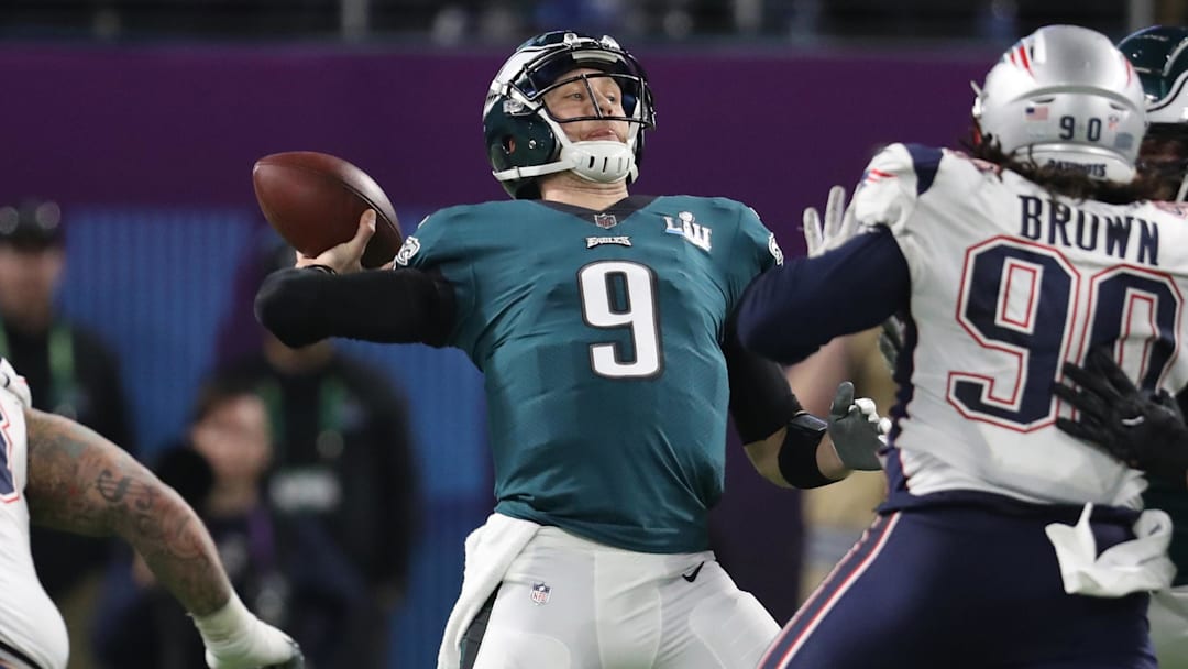 Feb 4, 2018; Minneapolis, MN, USA; Philadelphia Eagles quarterback Nick Foles (9) throws deep in the pocket against the New England Patriots in Super Bowl LII at U.S. Bank Stadium. 