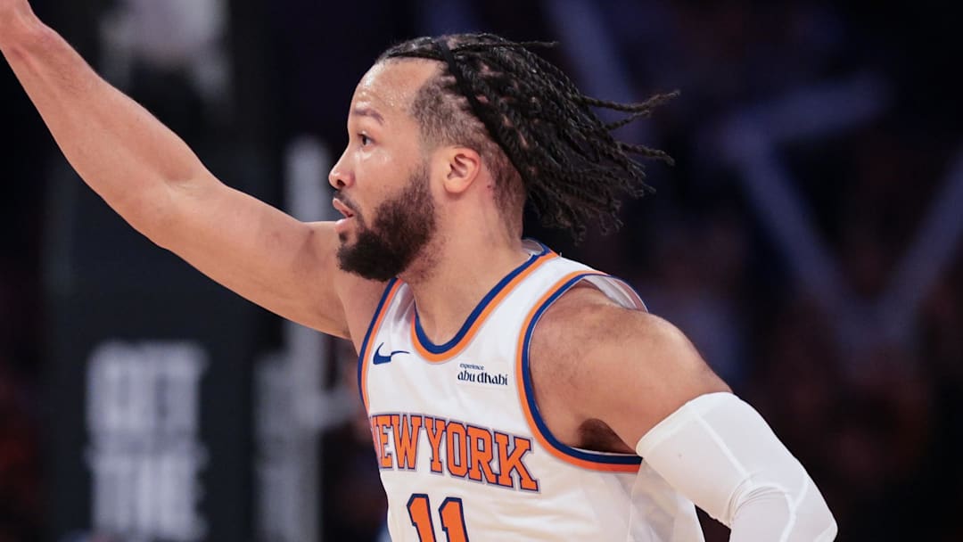 Feb 19, 2026; New York, New York, USA; New York Knicks guard Jalen Brunson (11) reacts after basket against the Detroit Pistons during the second half at Madison Square Garden. Mandatory Credit: Vincent Carchietta-Imagn Images