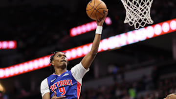 Mar 30, 2025; Minneapolis, Minnesota, USA; Detroit Pistons forward Ausar Thompson (9) shoots the ball against the Minnesota Timberwolves during the first quarter at Target Center. Mandatory Credit: Matt Krohn-Imagn Images