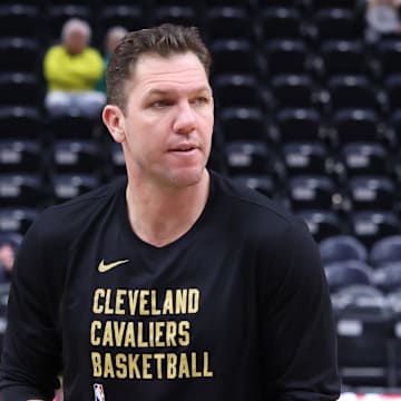 Apr 2, 2024; Salt Lake City, Utah, USA; Cleveland Cavaliers assistant coach Luke Walton helps during warm up before the game against the Utah Jazz at Delta Center. Mandatory Credit: Rob Gray-Imagn Images