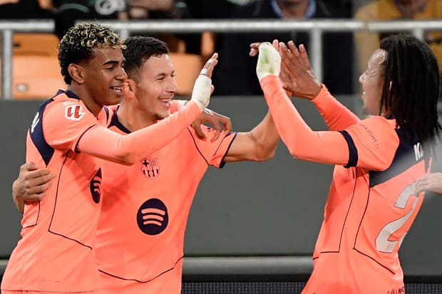 Barcelona players celebrating. 