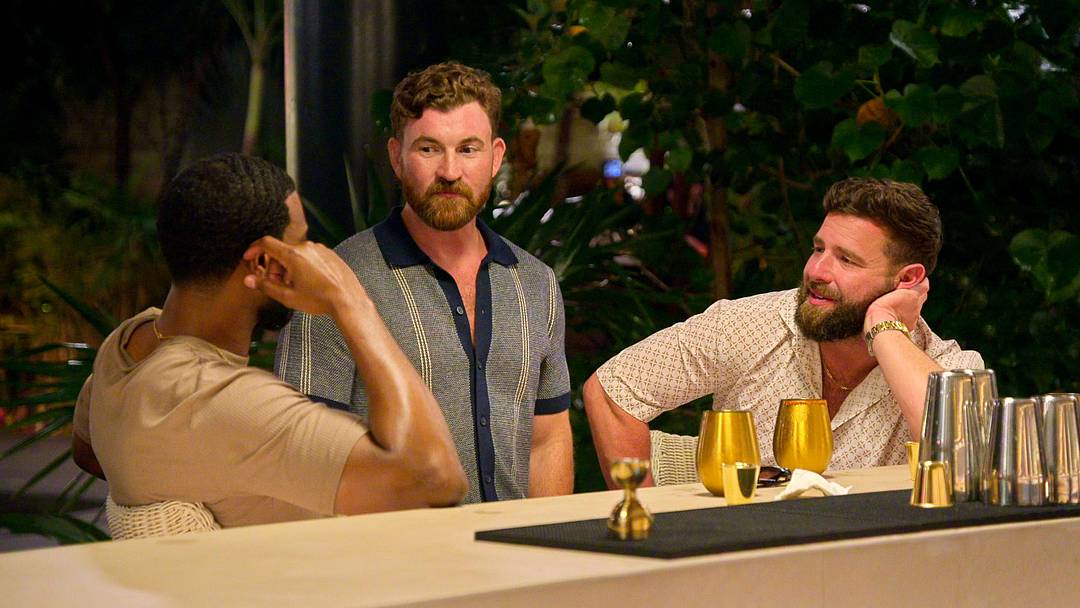 Love Is Blind. (L to R) Wilson Monteiro, Blake Carver, Rob Feeley in episode 117 of Love Is Blind. Cr. Courtesy Of Netflix © 2026