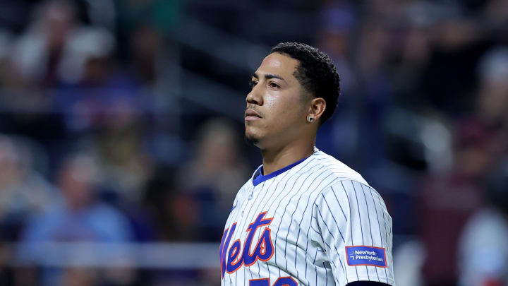 Jun 12, 2024; New York City, New York, USA; New York Mets relief pitcher Dedniel Nunez (72) reacts after being taken out of the game against the Miami Marlins during the eighth inning at Citi Field. Mandatory Credit: Brad Penner-USA TODAY Sports