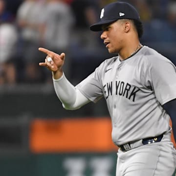 Jul 29, 2024; Philadelphia, Pennsylvania, USA; New York Yankees outfielder Juan Soto (22) celebrates win against the Philadelphia Phillies at Citizens Bank Park.