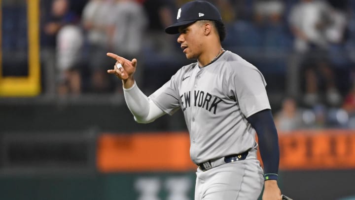 Jul 29, 2024; Philadelphia, Pennsylvania, USA; New York Yankees outfielder Juan Soto (22) celebrates win against the Philadelphia Phillies at Citizens Bank Park