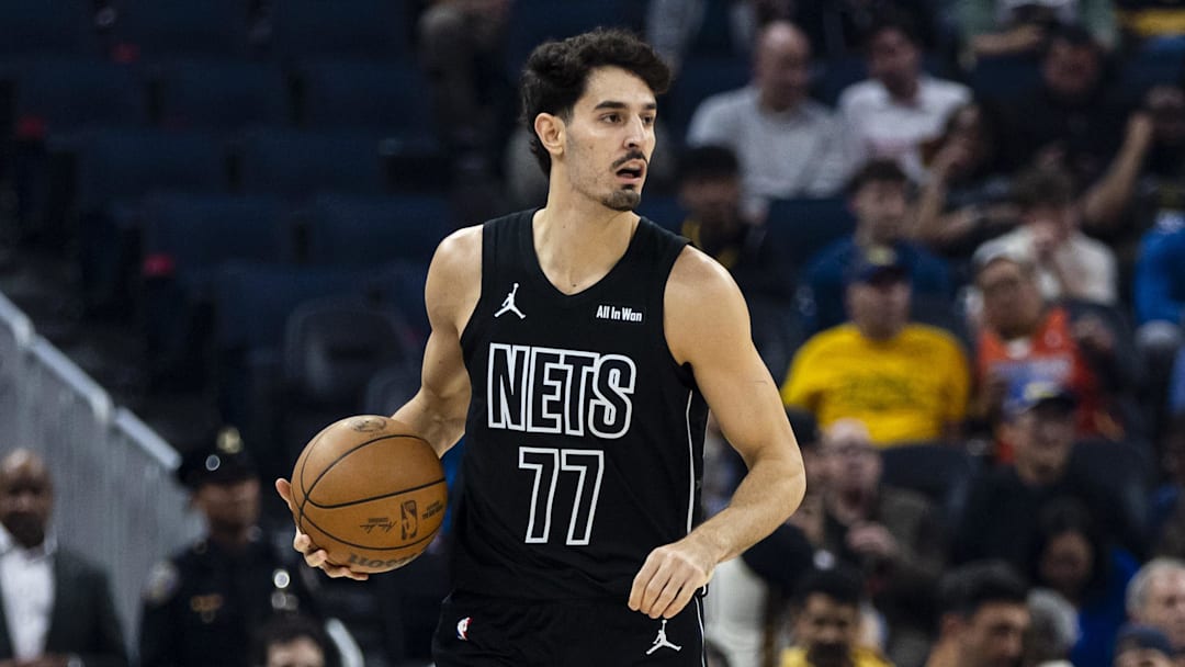 Mar 25, 2026; San Francisco, California, USA;  Brooklyn Nets guard Ben Saraf (77) drives down the court against the Golden State Warriors during the first quarter at Chase Center. Mandatory Credit: John Hefti-Imagn Images
