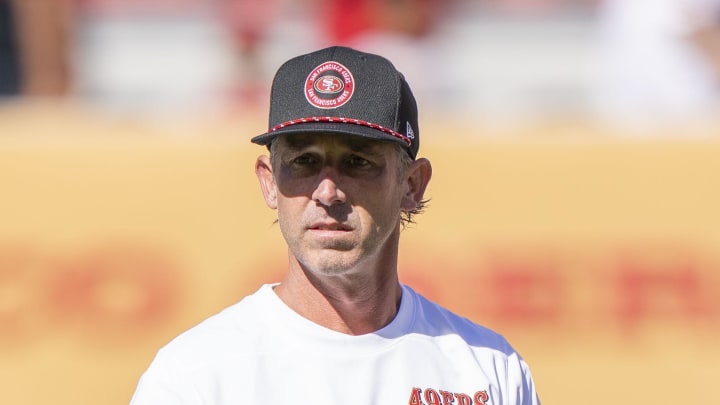 August 18, 2024; Santa Clara, California, USA; San Francisco 49ers head coach Kyle Shanahan watches warm ups before the game against the New Orleans Saints at Levi's Stadium. Mandatory Credit: Kyle Terada-USA TODAY Sports