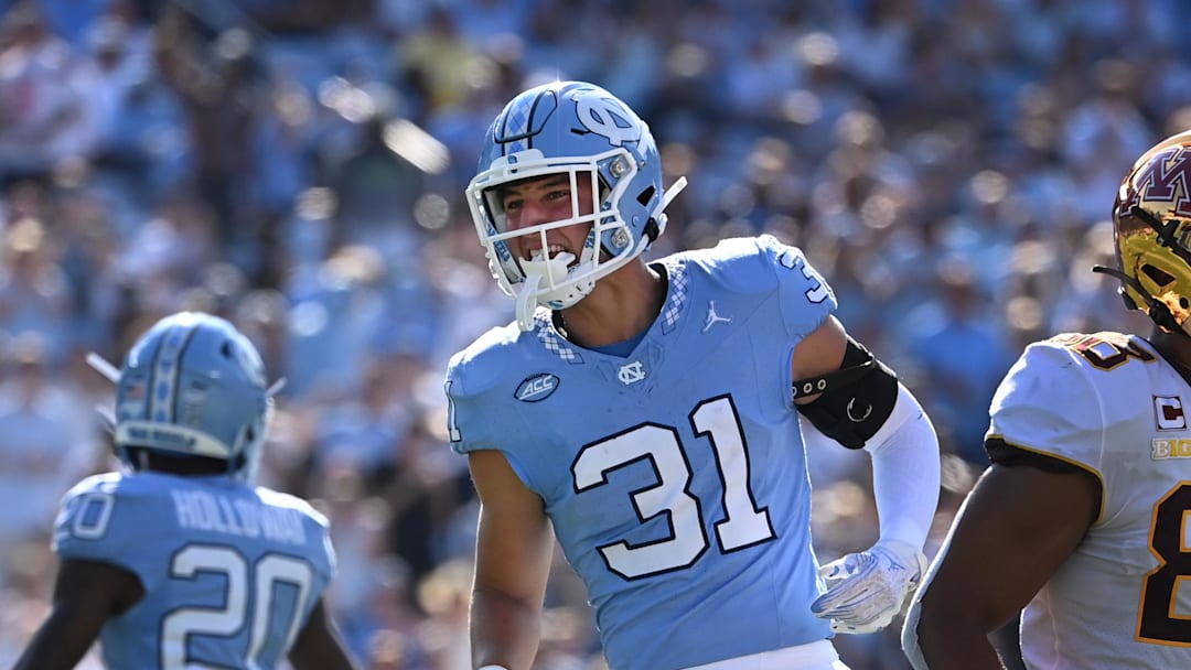 Sep 16, 2023; Chapel Hill, North Carolina, USA; North Carolina Tar Heels defensive back Will Hardy (31) reacts in the second quarter at Kenan Memorial Stadium. 