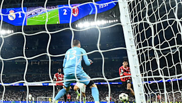 Tijjani Reinders scoring against Real Madrid at the Santiago Bernabeu 
