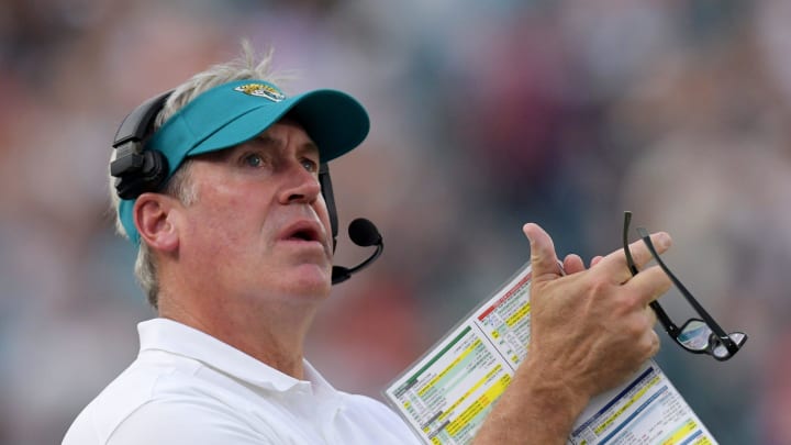 Jacksonville Jaguars head coach Doug Pederson on the sidelines during first half action. The Jaguars led 20 to 10 at the end of the first half. The Jacksonville Jaguars hosted the Kansas City Chiefs in the Jaguars first preseason game of the season Saturday, August10, 2024 at EverBank Stadium in Jacksonville, Fla. [Bob Self/Florida Times-Union]