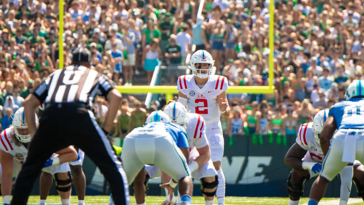 Sep 9, 2023; New Orleans, Louisiana, USA;  Mississippi Rebels quarterback Jaxson Dart (2) calls for the ball against the Tulane Green Wave during the first half at Yulman Stadium. Mandatory Credit: Stephen Lew-USA TODAY Sports