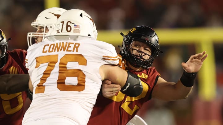 Nov 18, 2023; Ames, Iowa, USA; Iowa State Cyclones defensive end Joey Petersen (52) blocks against Texas Longhorns offensive lineman Hayden Conner (76) at Jack Trice Stadium. Mandatory Credit: Reese Strickland-USA TODAY Sports