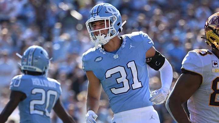 Sep 16, 2023; Chapel Hill, North Carolina, USA; North Carolina Tar Heels defensive back Will Hardy (31) reacts in the second quarter at Kenan Memorial Stadium. Mandatory Credit: Bob Donnan-Imagn Images