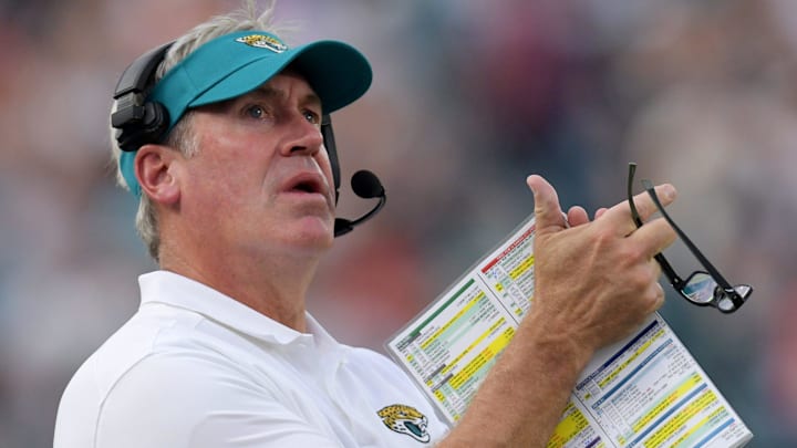 Jacksonville Jaguars head coach Doug Pederson on the sidelines during first half action. The Jaguars led 20 to 10 at the end of the first half. The Jacksonville Jaguars hosted the Kansas City Chiefs in the Jaguars first preseason game of the season Saturday, August10, 2024 at EverBank Stadium in Jacksonville, Fla. [Bob Self/Florida Times-Union]