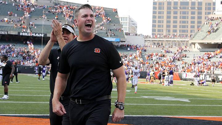 Sep 12, 2021; Cincinnati, Ohio, USA; Cincinnati Bengals head coach Zac Taylor celebrates following the overtime win against the Minnesota Vikings at Paul Brown Stadium. Mandatory Credit: Joseph Maiorana-Imagn Images
