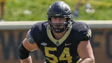 Sep 9, 2023; Winston-Salem, North Carolina, USA; Wake Forest Demon Deacons offensive lineman Matt Gulbin (54) during the second quarter at Allegacy Federal Credit Union Stadium. Mandatory Credit: Jim Dedmon-Imagn Images